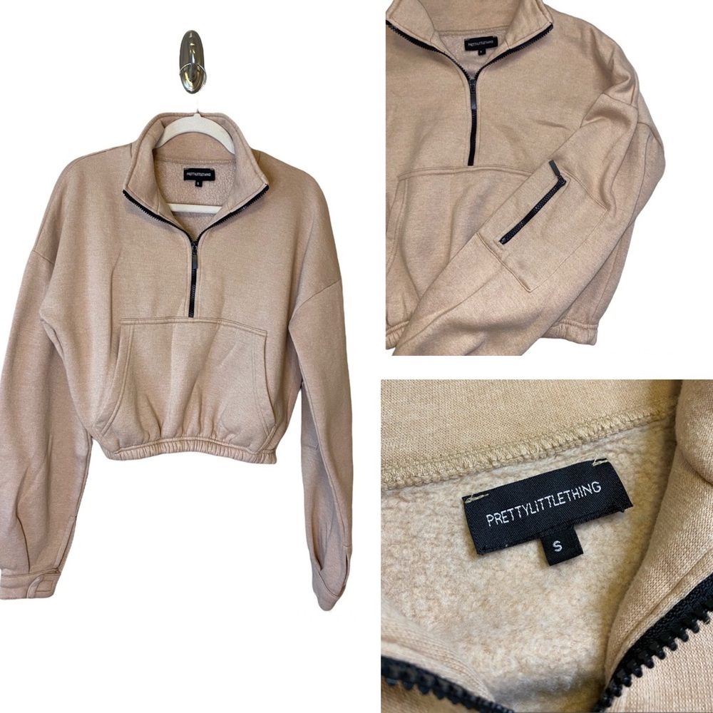 PLT half zip pullover collar sweatshirt. Elastic band waist sand tans brown nude
